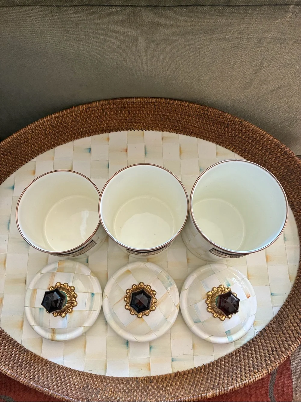 Original Mackenzie-Childs Parchment Check Canister Set with Amber Knobs 3 Piece